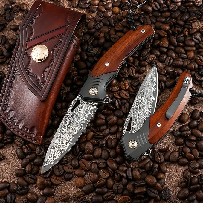 Handmade Forged Damascus Steel Folding pocket Knife, 3.07inch Damascus Steel Blade and 4.05inch Wood Handle,with pocket Clip,Retro Leather Sheath, EDC Pocket Knives for Camping Tactical Outdoor Knife.