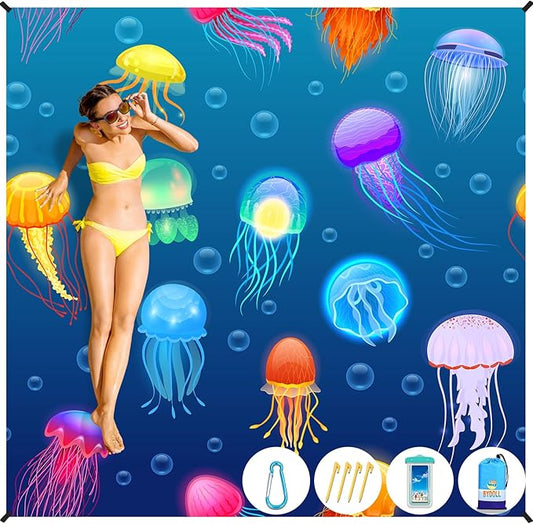 BYDOLL Beach Blanket Jellyfish Sandproof Waterproof 78''×81''1-4 Kids Adults Compact Lightweight Oversized Blanket Large Picnic Mat Beach Blanket for Travel Camping Hiking Picnic