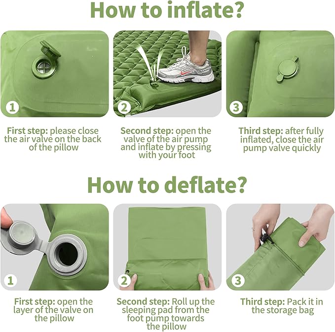 Double Sleeping Pad for Camping, 2 Person Ultralight Inflatable Sleeping Mat with Pillow and Built-in Foot Pump, Portable Camping Mattress for Tent, Backpacking, Hiking, Travel-Upgrade Green