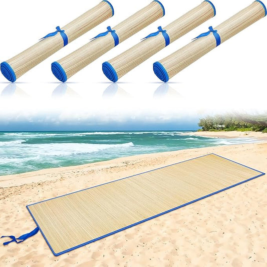 Qunclay 4 Packs Straw Beach Mat Waterproof Non Slip Straw Mat Foldable Lightweight Picnic Mat with Trim for Camping Sunbathing Picnic floor Yoga