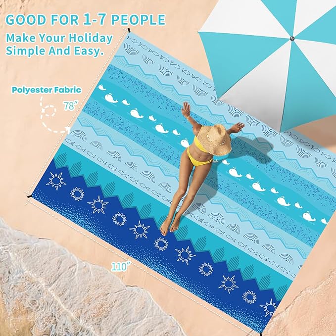 BYDOLL Beach Blanket Sandproof Waterproof 78''×110''1-7 Adults Compact Lightweight Oversized Beach Blanket Large Picnic Mat Beach Blanket for Travel Camping Hiking Picnic