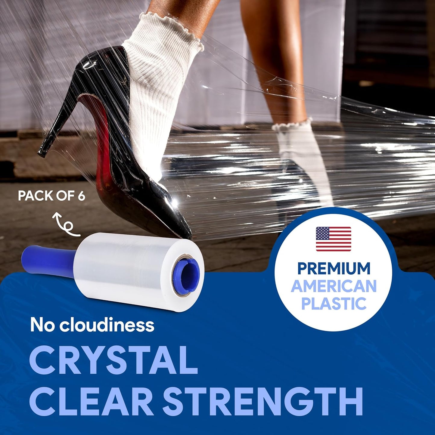 International Plastics Co. 6 Pack of 5" Plastic Stretch Film Wrap with Rotating Handles 1000 feet Each 500% Stretch Ability