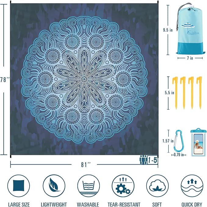 Beach Blanket Sandproof Waterproof 78''×81'' 1-5 Adults Oversized,Compact Lightweight Durable Beach Mat for Travel Camping Hiking Picnic Blanket