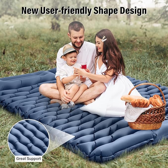 Double Sleeping Pad for Camping, Blue Inflatable Sleeping Mat with Pillow, Ultralight 2 Person Camping Pad with Built-in Foot Pump for Backpacking, Hiking, Tent, Portable Camping Mattress