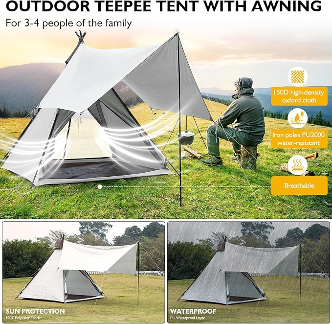 Waterproof 3-4 Person Camping Tent with Awning, Pyramid Teepee Tents for Family, 3 Season Anti-UV Weatherproof, Roomy Tipi Tent for Family Camping, Outdoor, Backpacking, Hiking