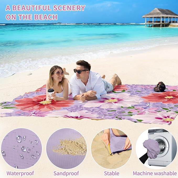 BYDOLL Beach Blanket Sandproof Waterproof 78''×110'' 1-7 Adults Compact Lightweight Oversized Beach Blanket Large Picnic Mat Beach Blanket for Travel Camping Hiking Picnic