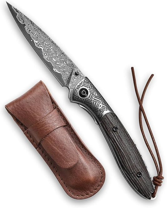 Handmade Damascus Steel Folding Pocket Knife with Leather Sheath,Ebony Wood Handle Thumb Stud Knives for Men EDC Hunting Camping EDC,Piscis Austrinus-01E