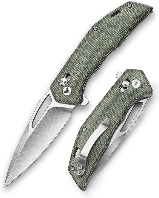 Pocket Folding knife for Men with Clip for EDC Camping Outdoor，3.38" 14C28N Steel Flipper Blade，Micarta Handle for Everyday Carry，Vela-04G