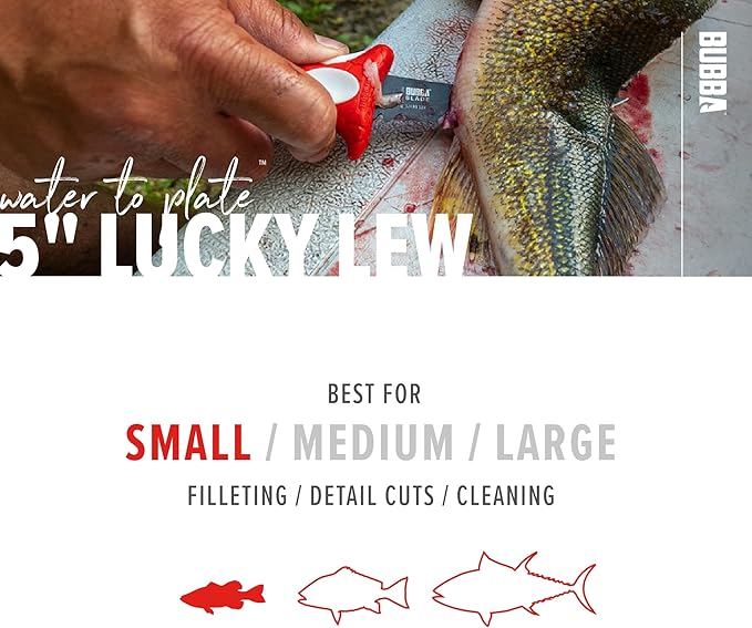 BUBBA 5 Inch Lucky Lew Folding Compact Fillet Knife with Non-Slip Grip Handle, Stainless Steel Blade, Lanyard Hole and Synthetic Carry Case for Gutting, Fishing and Hunting