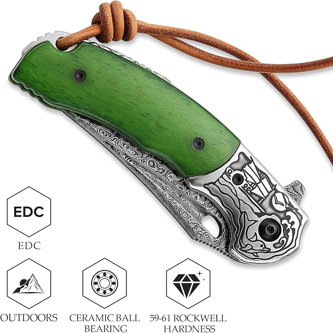 Damascus Folding Knife with Leather Sheath,3.2'' Blade Green Bone Handle Handmade Traditional Pocket Knives for Men Hunting EDC, Puppis-02G