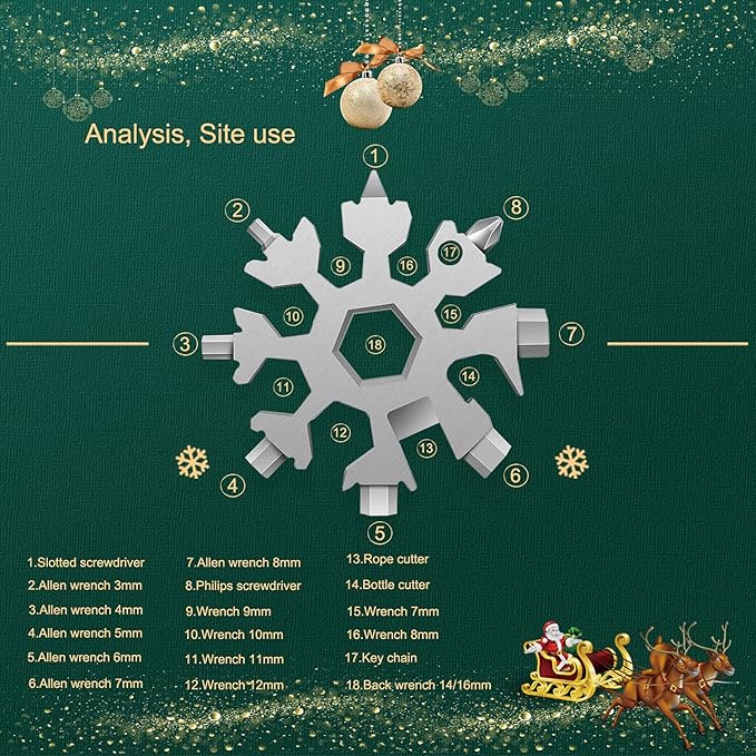 Snowflake Multitool,18-in-1 Stainless Steel Snowflake Tool, Snowflake Wrench Screwdriver with Key Ring,Carabiner Clip(Silver)