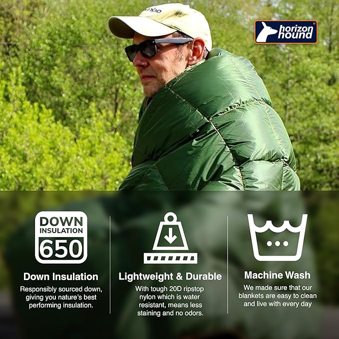 Horizon Hound Down Camping Blanket - Outdoor Travel Quilt | Sustainable, Insulated, Lightweight & Warm Gear for Sleep, Camping, Stadium, Hiking & Festivals | Water Resistant, Packable & Compact