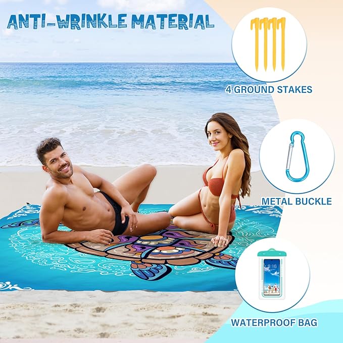 Beach Blanket Waterproof Sandproof 1-7 Adult Oversized 78 '' × 81 '' Lightweight Durable Compact Sand Free Beach Mat for Travel Camping Hiking Picnic Blanket Extra Large