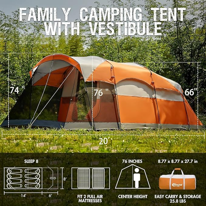 PORTAL 6/8/10 Person Family Camping Tent with Screen Room, Water Resistant Big Tunnel Tent with Rainfly, Large Family Tent for Outdoor Camping, Party