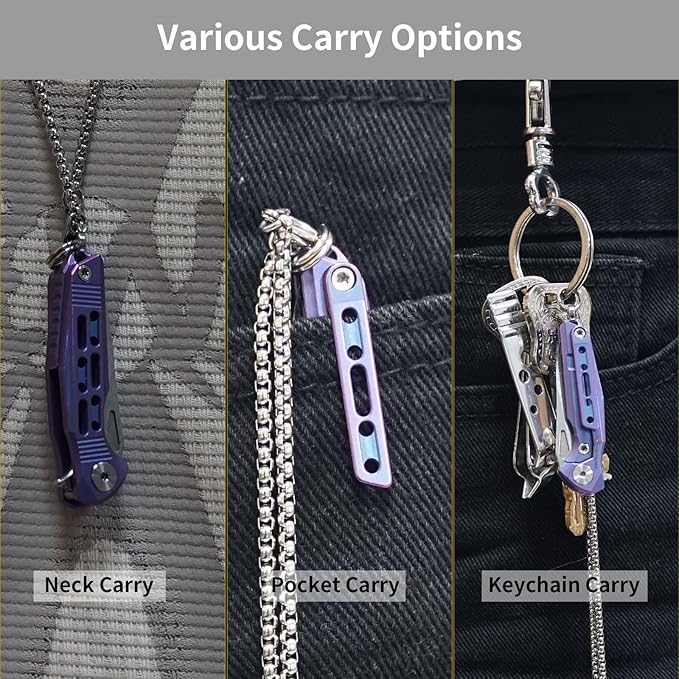 HX OUTDOORS Mini Pocket Knife, High End Damascus Steel Small Folding Knife with Non Slip Titanium Alloy Handle (Blue)