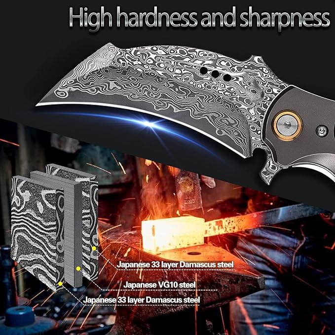 Handmade Damascus steel Folding Pocket EDCKnife，with cowhide sheath And pocket clip，2.8in blade Claw Hawkbill Folding Knife，Lining lock, wooden handle，Outdoor survival first-aid camping knife