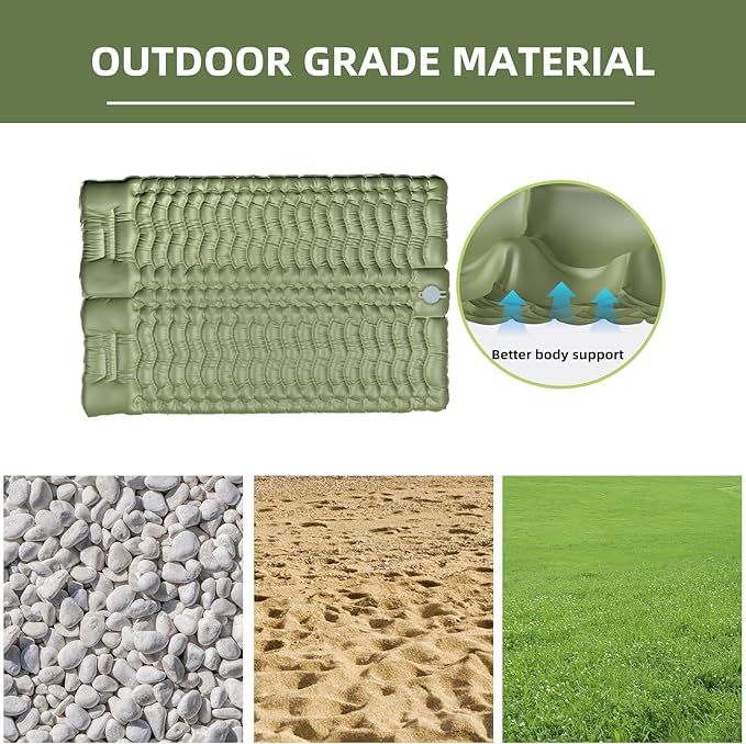 Double Sleeping Pad for Camping, Self-Inflating Sleeping Mat with Built-in Foot Pump, Air Mattress with Pillows, Foldable Camping Sleeping Pad for Hiking, Backpacking, Traveling (Green)