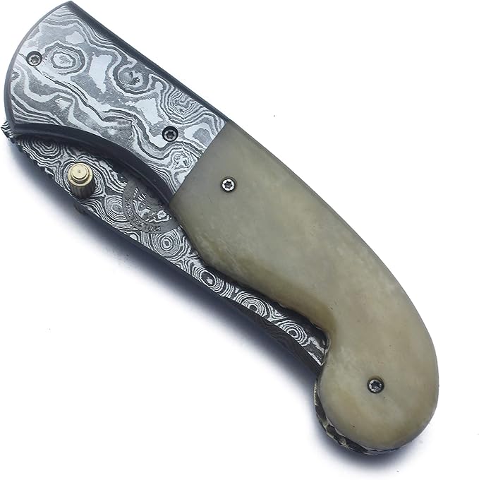 Handmade Damascus Folding Pocket Bowie Knife for Edc,Hunting,Survival,CampingBushcraft,Skinning and Fishing with Full Tang Camel Bone Handel and Cowhide-Leather Sheath For Men and Women (DCF26 - Typhoon)