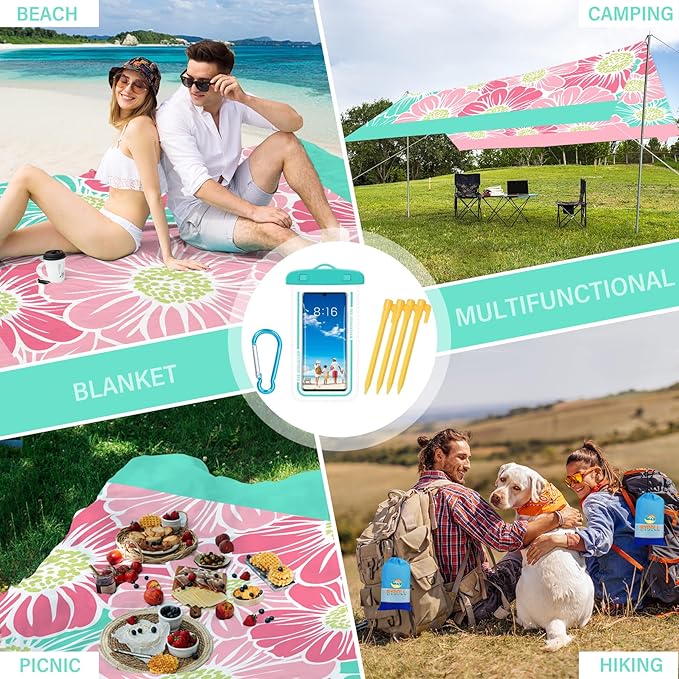 BYDOLL Beach Blanket Sandproof Waterproof Flower 78''×81''1-4 Adults Compact Lightweight Oversized Beach Blanket Large Picnic Mat Beach Blanket for Travel Camping Hiking Picnic
