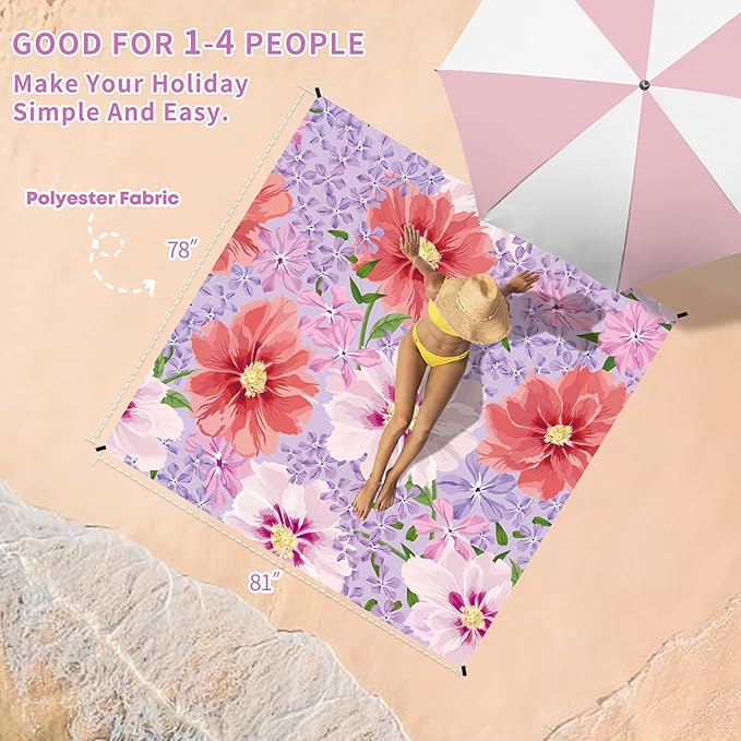 BYDOLL Beach Blanket Sandproof Waterproof 78''×81'' 1-4 Adults Compact Lightweight Oversized Beach Blanket Large Picnic Mat Beach Blanket for Travel Camping Hiking Picnic