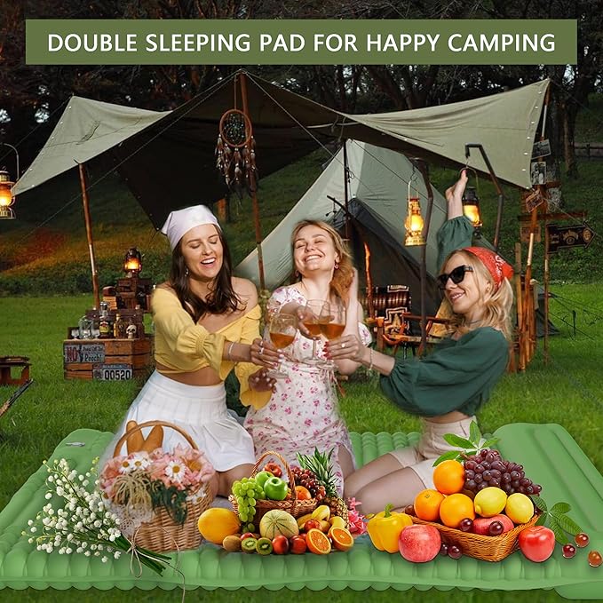 Double Sleeping Pad for 2 Person, Self Inflating Camping Mattress with Pillow, Portable Camping Bed Built-in Foot Pump for Backpacking, Hiking & Travel - Mat Carry Bag
