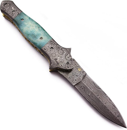 Handmade Damascus Folding Pocket Bowie Knife For EDC,Hunting,Survival,Camping Bushcrafting,Skinning and Fishing With Full Tang Camel Bone Handel and Cowhide-Leather Sheath for Men and Women-DCF24