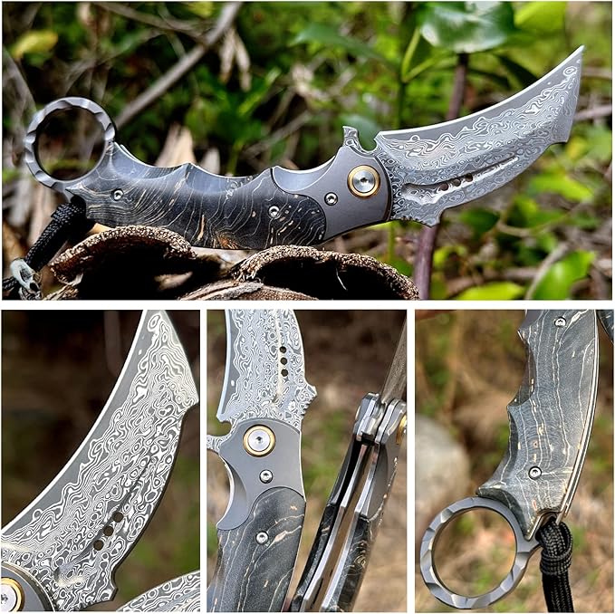 Handmade Damascus steel Folding Pocket EDCKnife，with cowhide sheath And pocket clip，2.8in blade Claw Hawkbill Folding Knife，Lining lock, wooden handle，Outdoor survival first-aid camping knife