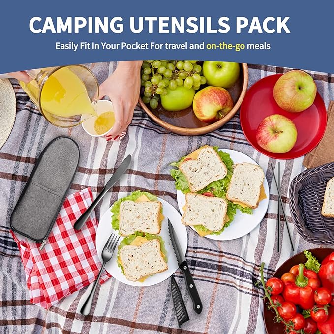 Portable Travel Utensils Set,Reusable Camping Cutlery Set,Stainless Steel Flatware Set with Case,Lunch Boxes Workplace Camping School Picnic (Black)