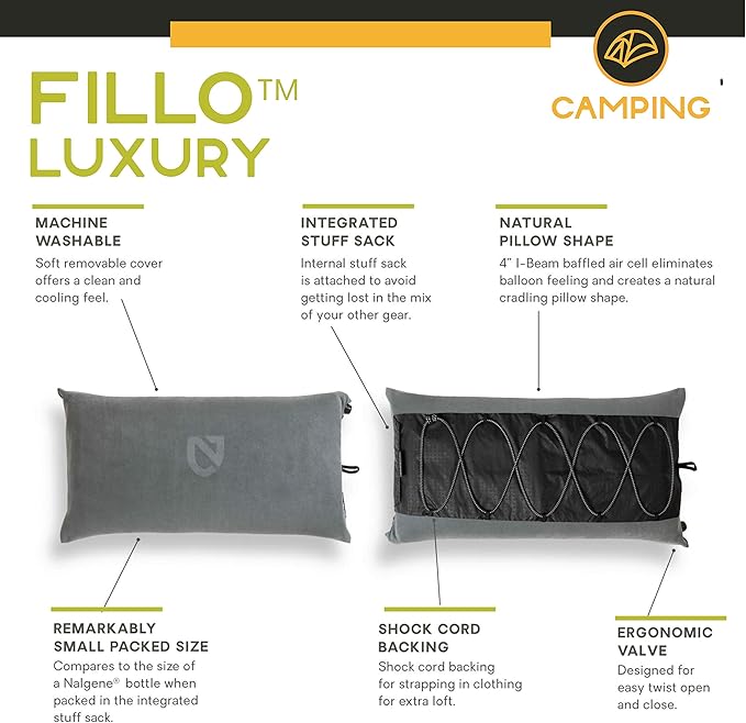 NEMO Fillo Luxury Pillow | Inflatable Pillow for Travel, Backpacking, and Camping, Goodnight Gray