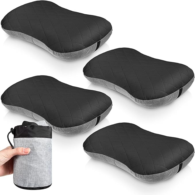Soaoo 4 Pcs Camping Pillow with Removable Cover Inflatable Pillow Lightweight Backpacking Pillow Neck Lumbar Support Pillow Blow up Pillow with Storage Bags for Air Travel Sleeping Seat Hiking (Black)