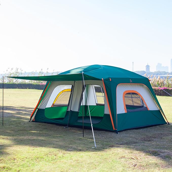 KTT Extra Large Tent 10-12-14 Person(A),Family Cabin Tents,2 Rooms,3 Doors and 3 Windows with Mesh,Straight Wall,Waterproof,Double Layer,Big Tent for Outdoor,Picnic,Camping,Family Gathering