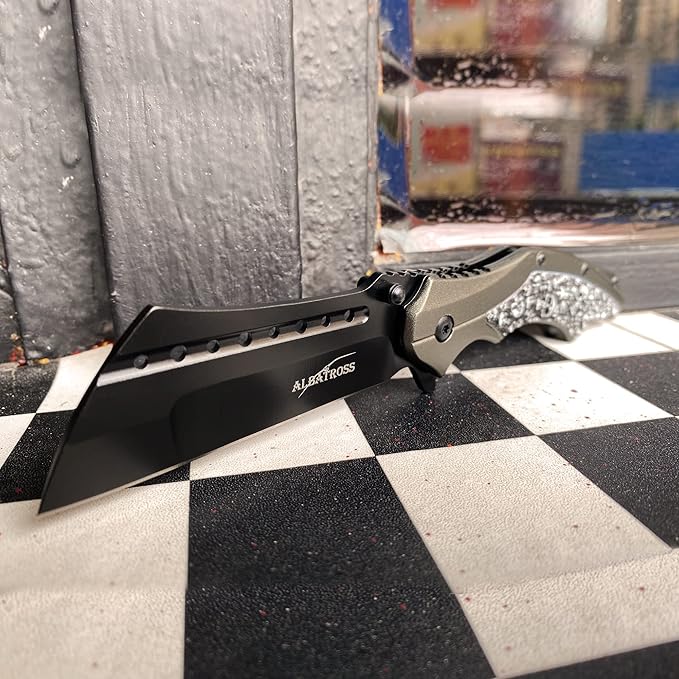 ALBATROSS Folding Pocket Knife, 3" Black Blade, 4.75" Aluminum Handle with the skull pattern, Liner Lock (Gray)