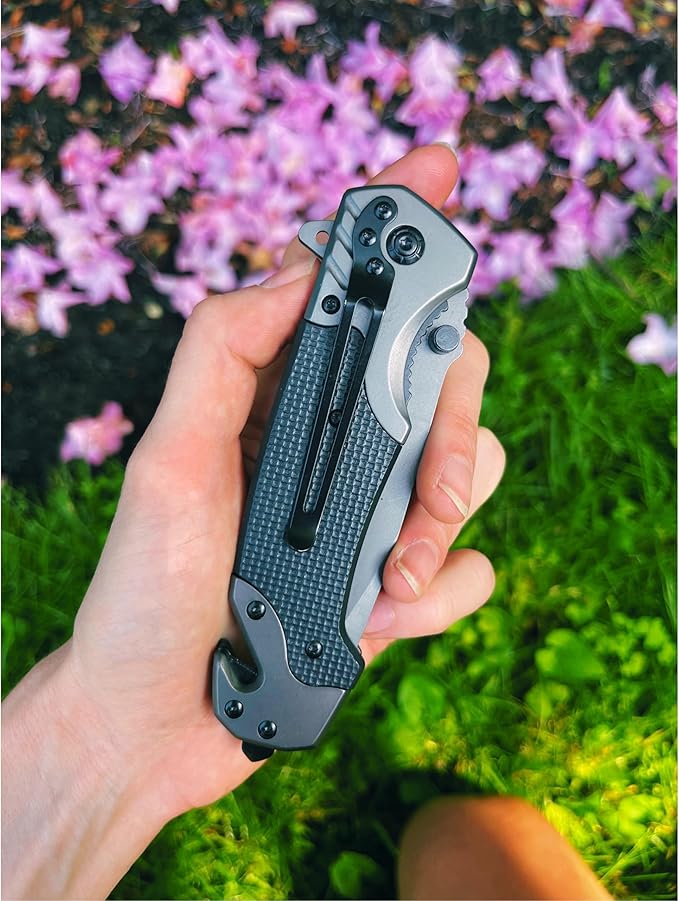 G10 Pocket Knife | 9 cm Stainless Steel Blade | Steel and G10 Handle | Outdoor, Tactical, Folding Knife | With Glass Breaker and Cord Cutter