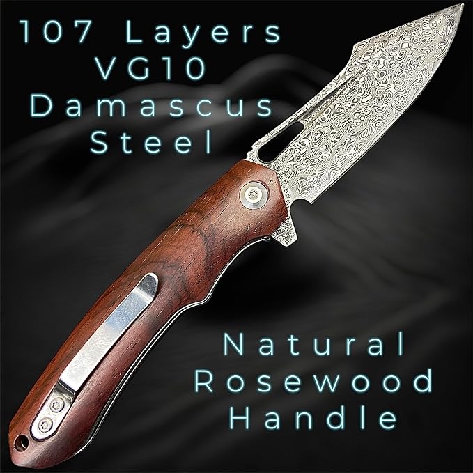 TACTICAL GEARZ Damascus Steel Pocket Folding Knife, Natural Rosewood Handle, 107 Multi-Layered VG10 Damascus Steel Blade! (Koa Beast Bundle)