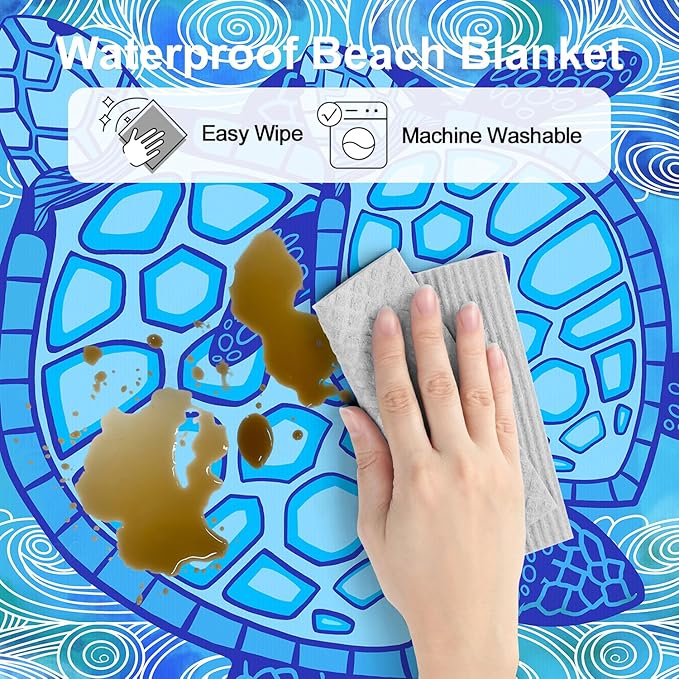 Beach Blanket Waterproof Sandproof, 78''×86'' Large Beach Mat Sand Free with 4 Stakes & Sand Pockets, Lightweight & Compact Foldable Picnic Blanket for Outdoor, Camping Must Have - Ocean Sea Turtle
