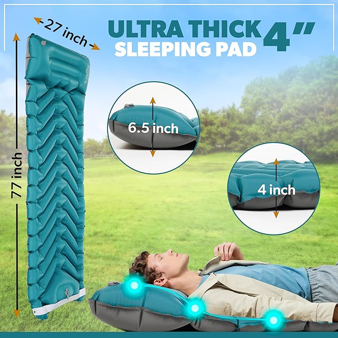 Inflatable Camping Sleeping pad, Thick 4 inch Ultralight Sleeping mat with Pillow, Sleeping pad with Built-in Foot Pump for Camping, Backpacking, Hiking, Traveling.