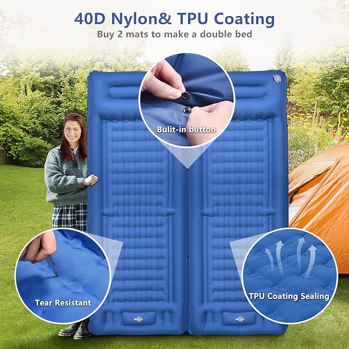 Camping Sleeping Pad, Self Inflating Air Mattress Extra Thickness 4.7 Inch Single Sleeping Pad for Camping with Pillow Built-in Foot Pump Inflatable Camping Mattress for Tent Hiking Traveling