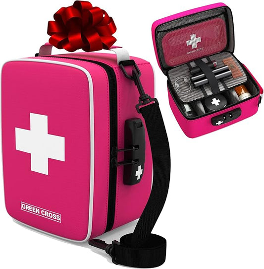 GREEN CROSS Medicine Bag with Combination Lock 8.5" x 5.5" x 4.5"(Pink Nylon)