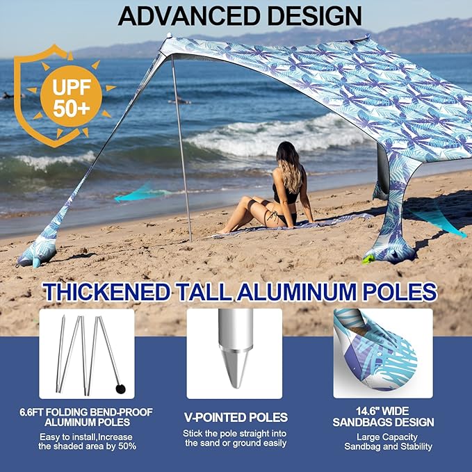 Buheco Beach Tent Pop Up Shade 10x10ft Beach Canopy Sun Shelter UPF50+ with 4 Foldable Poles-Portable Carrying Bag-Sand Shovel-Ground Pegs-Windproof Ropes for Outdoor Family Camping-Fishing- Picnic