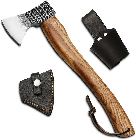 HotSteel Carving Axe Hand Forged Camping Axe with Sheath - Bushcraft Hatchet Camping Small Axe with Wood Handle - Bearded Wooden Axe Survival Hatchet Axe for Chopping Wood and Gardening