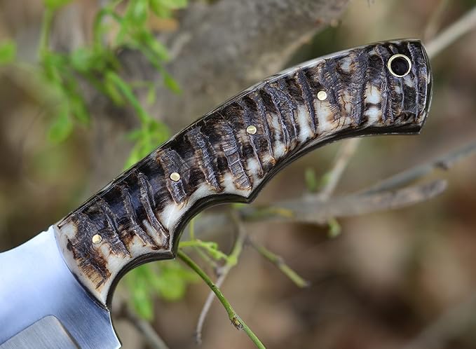 Ottoza Tracker Knife & Ram Horn Handle - Fixed Blade Hunting Knife - Horizontal Carry Knife Sheath 376