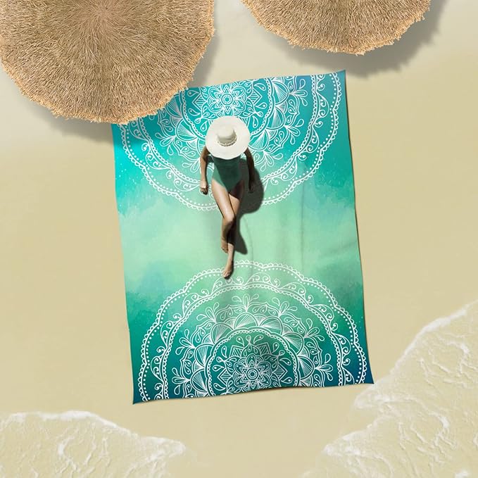 Sunlit Silky Soft 106"x81" Boho Sand Proof Beach Blanket Sand Proof Mat with Corner Pockets and Mesh Bag for Beach Party, Travel, Camping and Outdoor Music Festival, Bright Turquoise Mandala