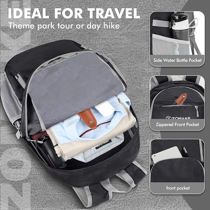 ZOMAKE Lightweight Packable Backpack 30L, Foldable Hiking Backpacks Water Resistant Compact Folding Daypack for Travel(Black)