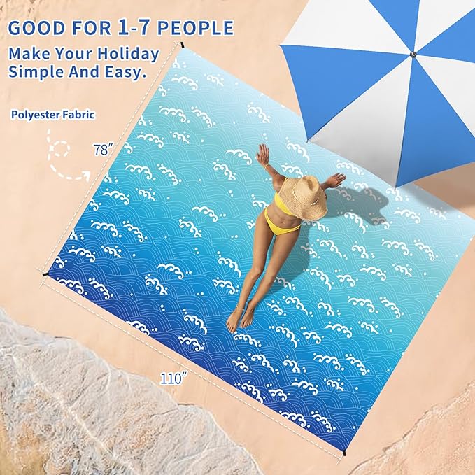 BYDOLL Beach Blanket Sandproof Waterproof 78''×110''1-7 Adults Compact Lightweight Oversized Beach Blanket Large Picnic Mat Beach Blanket for Travel Camping Hiking Picnic
