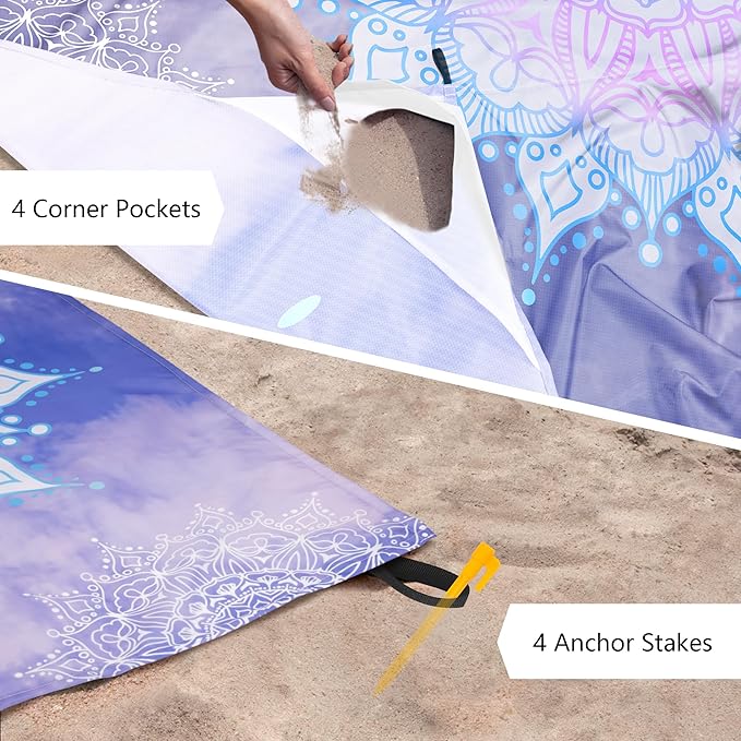 Large Beach Blanket Sandproof, Sand Free Waterproof Beach Mat for Up to 6 People with 4 Stakes, Polyester Foldable Picnic Blanket Beach Accessories for Outdoor Travel Camping Hiking