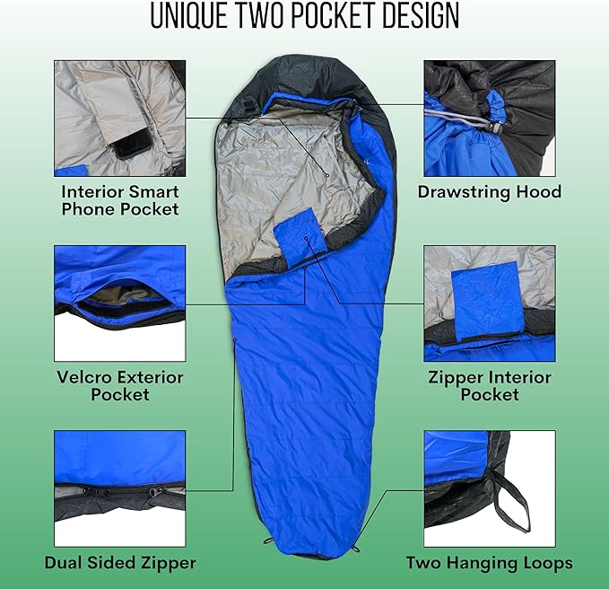 Duck Down Mummy Sleeping Bag for Adults – Cold & Warm Weather Sleeping Bags – Lightweight, Compact & Portable Camping – Sleep Bag for Hiking & Backpacking – Compression Carrying Bag