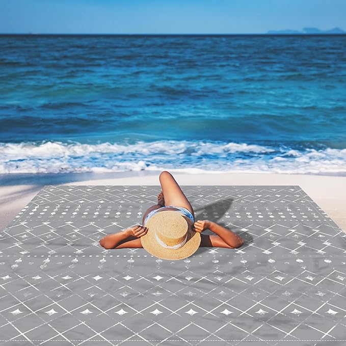 78''×86'' Large Beach Blanket for 4 Adults, Outdoor Beach Mat Sand Proof Waterproof with 4 Stakes & 4 Corner Pockets, Polyester Lightweight Comapct Grey Picnic Blanket for Travel, Camping, Hiking