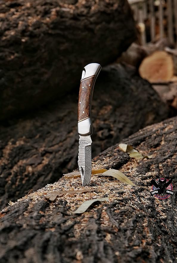 Capra Knives CK-43 Handcrafted Folding Pocket Knife 5” Folded, 9” Long Overall, 8oz Mohagni Wood Handle, Damascus Blade with Leather Sheath
