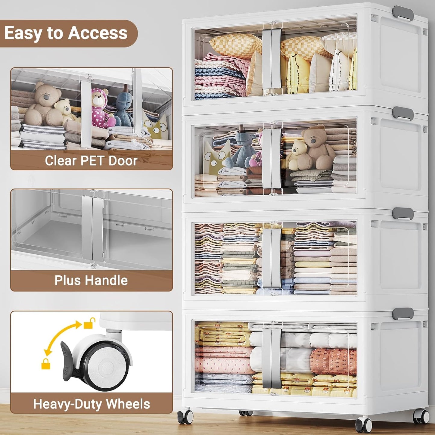 160QT Stackable Storage Bins with Lids, 40Gal Extra Large Collapsible Storage Box with Wheel, Plastic Storages with Clear Door Open Front for Home Bedroom Garage, White-1pack(1 lid)