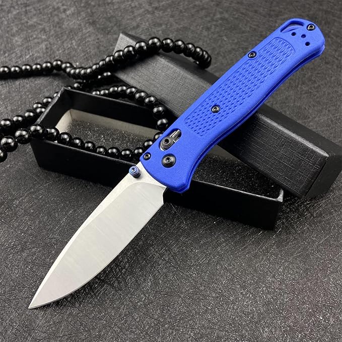 HUAAO Thumb Open Bugout Knife, Satin Plain Red Grivory Fiberglass Handle, Axis Lock Knife with Belt Clip, Everyday Carry Thumb Studs Manual Open (Blue)